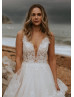 Plunging Neck Ivory Lace Tulle Ruffled Wedding Dress